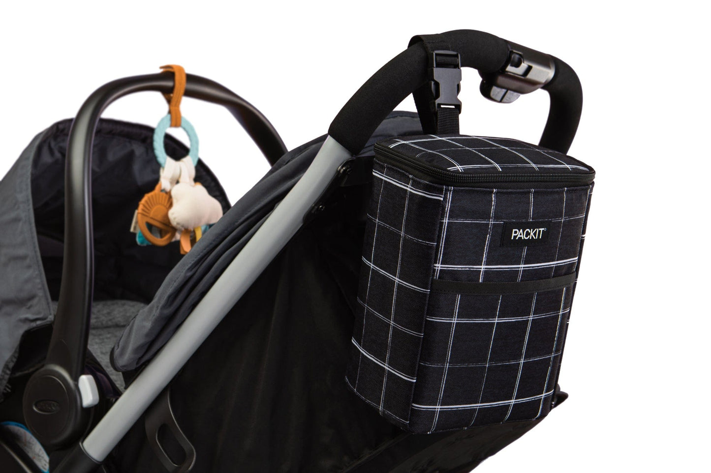 freezable-double-baby-bottle-bag-v1 freezable-double-baby-bottle-bag-black-grid-lifestyle-stroller.jpg