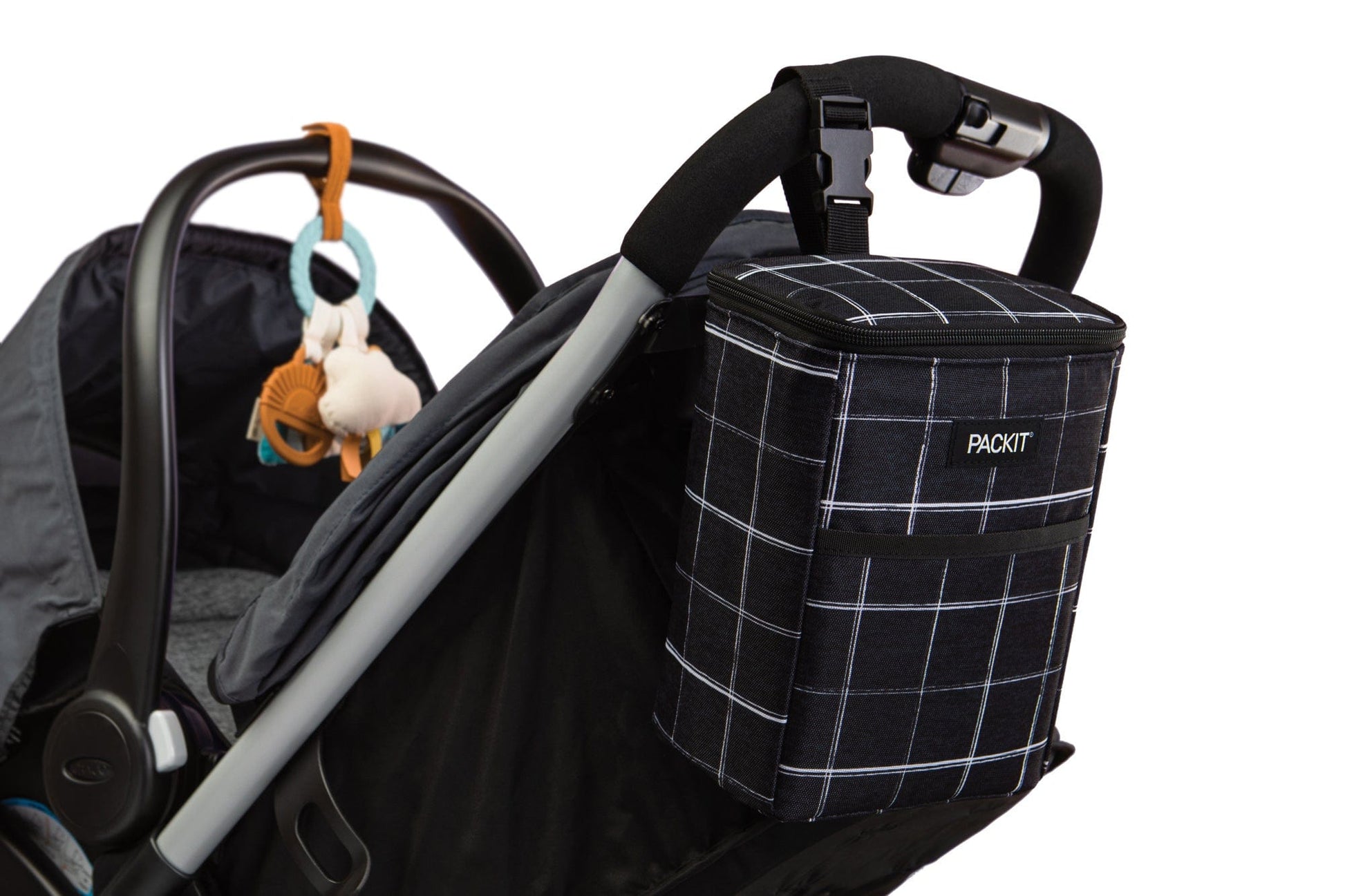 freezable-double-baby-bottle-bag-v1 freezable-double-baby-bottle-bag-black-grid-lifestyle-stroller.jpg