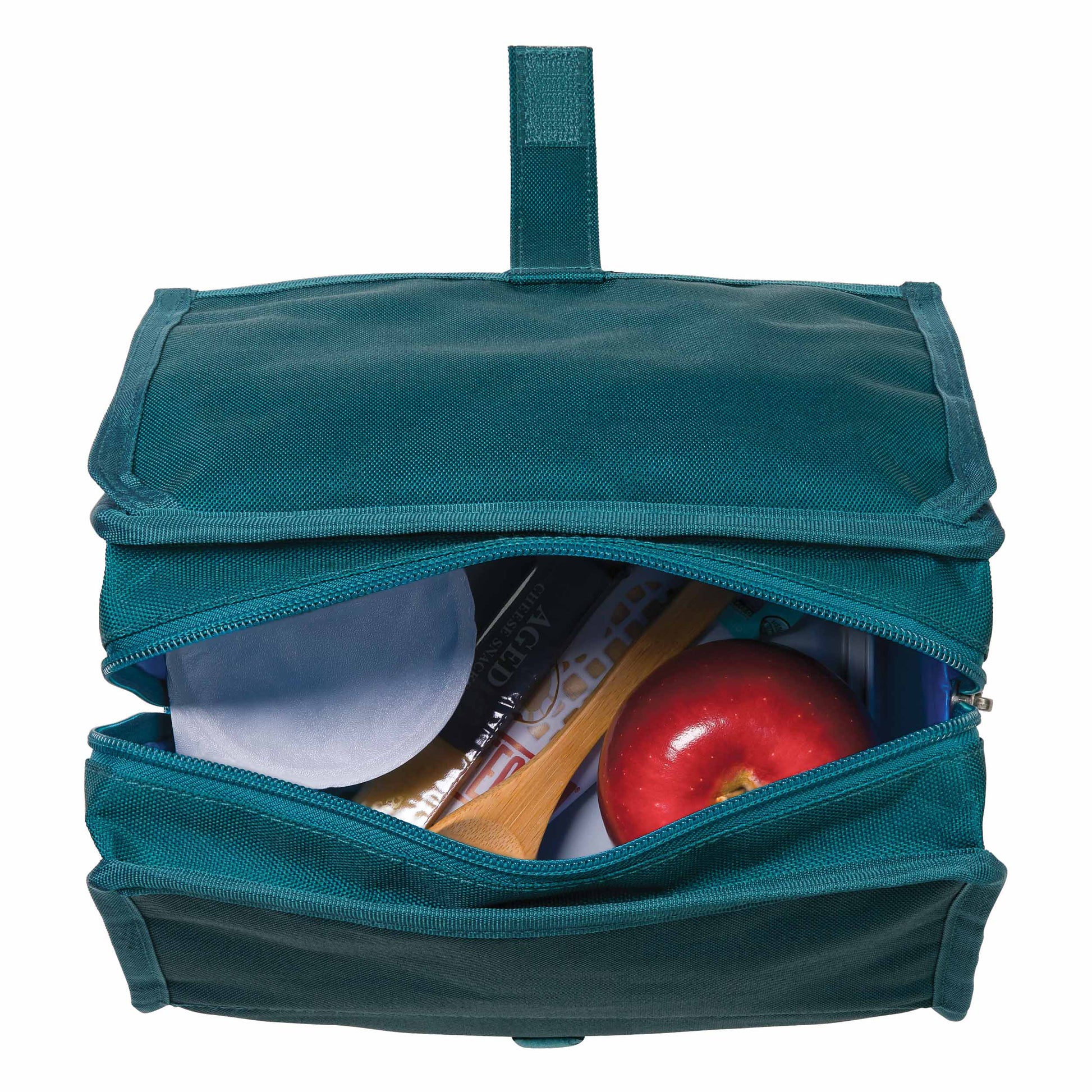 freezable-lunch-bag-v9 freezable-lunch-bag-deep-teal-top-view-packed.jpg